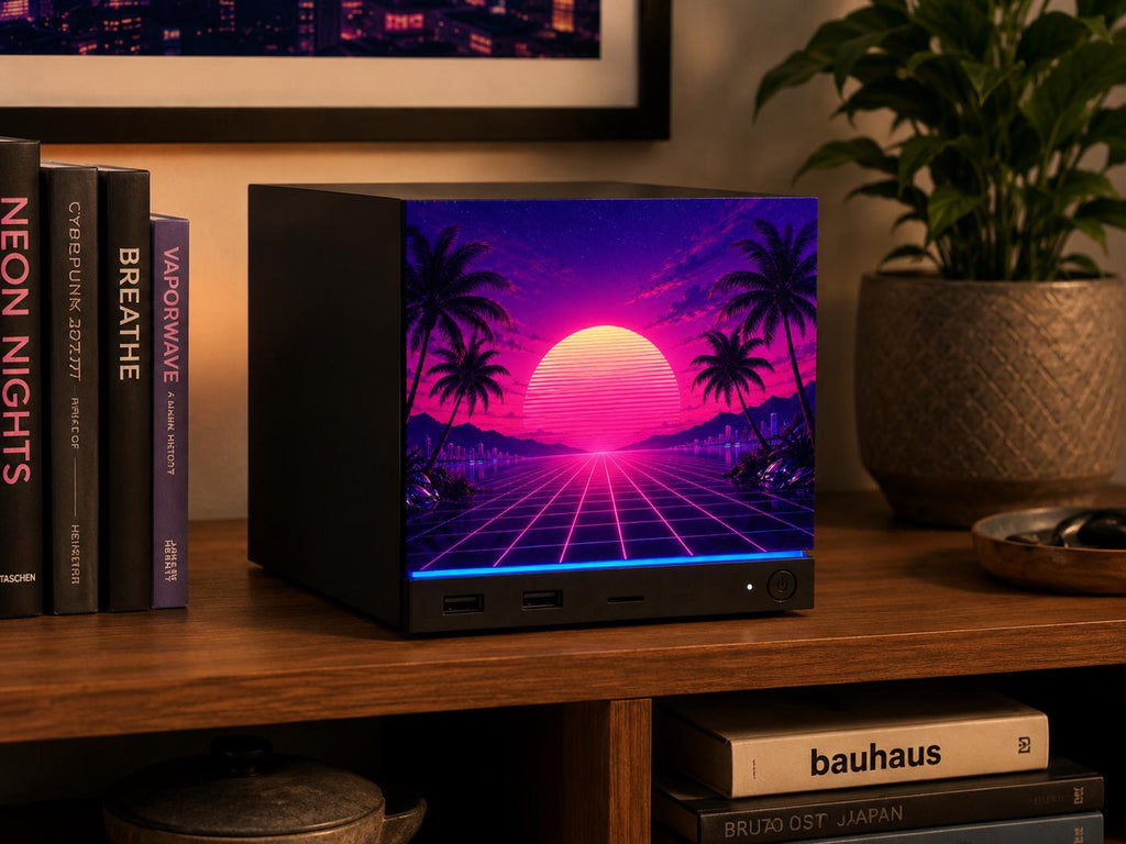 Synthwave Steam Machine Faceplate UV Printed Front Panel | Retro Neon Sunset Grid Art | Custom Mini PC Cover | Gamer Gift, Steam Machine with the synthwave faceplate installed on a wooden shelf beside retro books and a potted plant