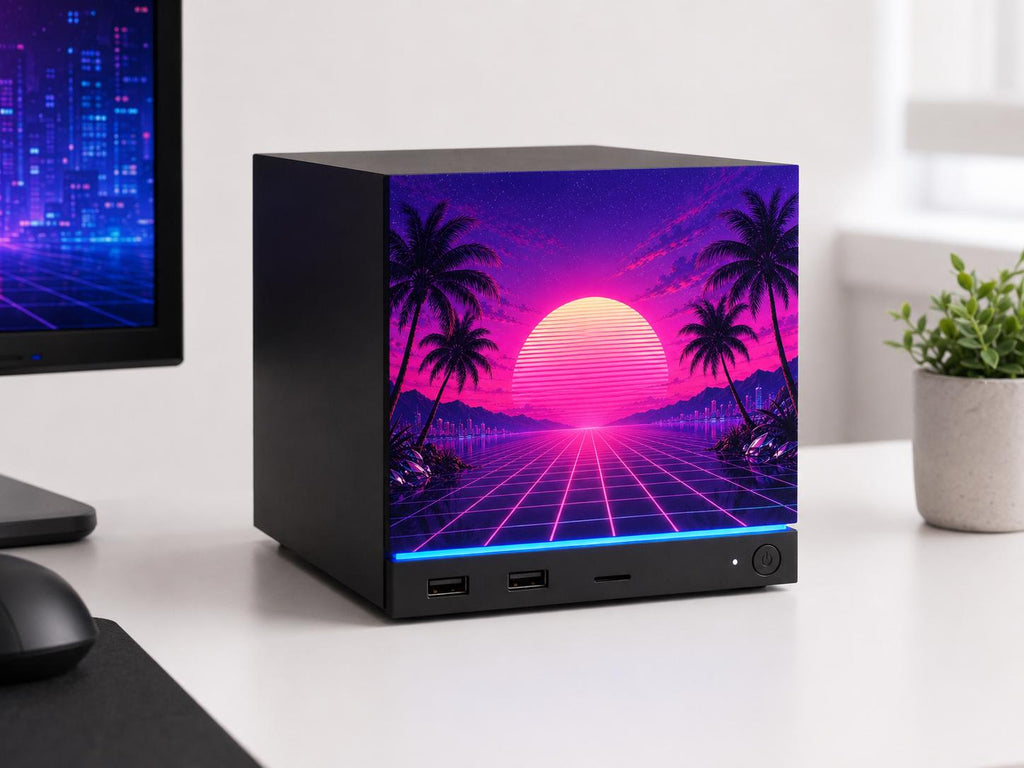 Synthwave Steam Machine Faceplate UV Printed Front Panel | Retro Neon Sunset Grid Art | Custom Mini PC Cover | Gamer Gift, Steam Machine with the synthwave faceplate installed on a white desk beside a computer monitor, mouse and a small potted plant