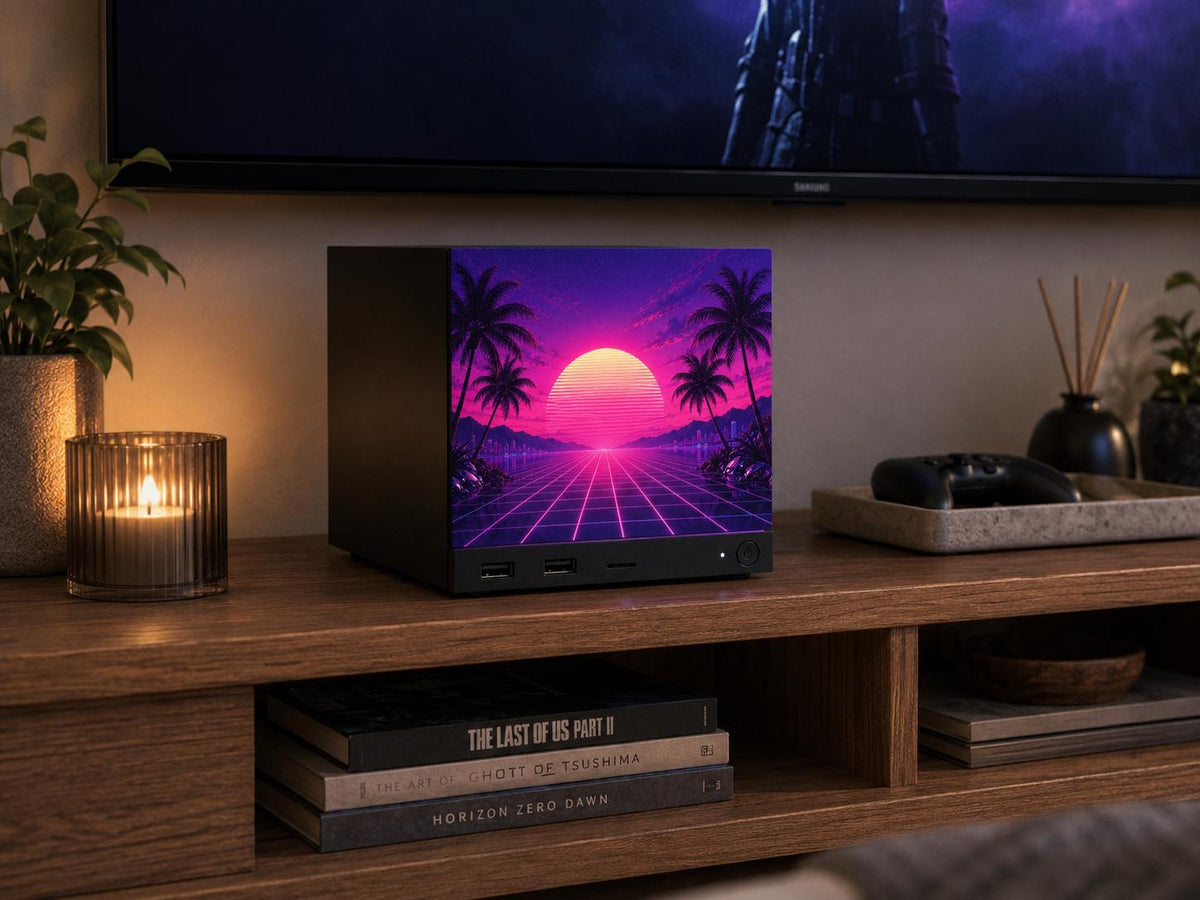 Synthwave Steam Machine Faceplate UV Printed Front Panel | Retro Neon Sunset Grid Art | Custom Mini PC Cover | Gamer Gift, Steam Machine with the synthwave faceplate installed on a wooden TV stand in a cozy living room, beside a lit candle, a potted plant and a game controller