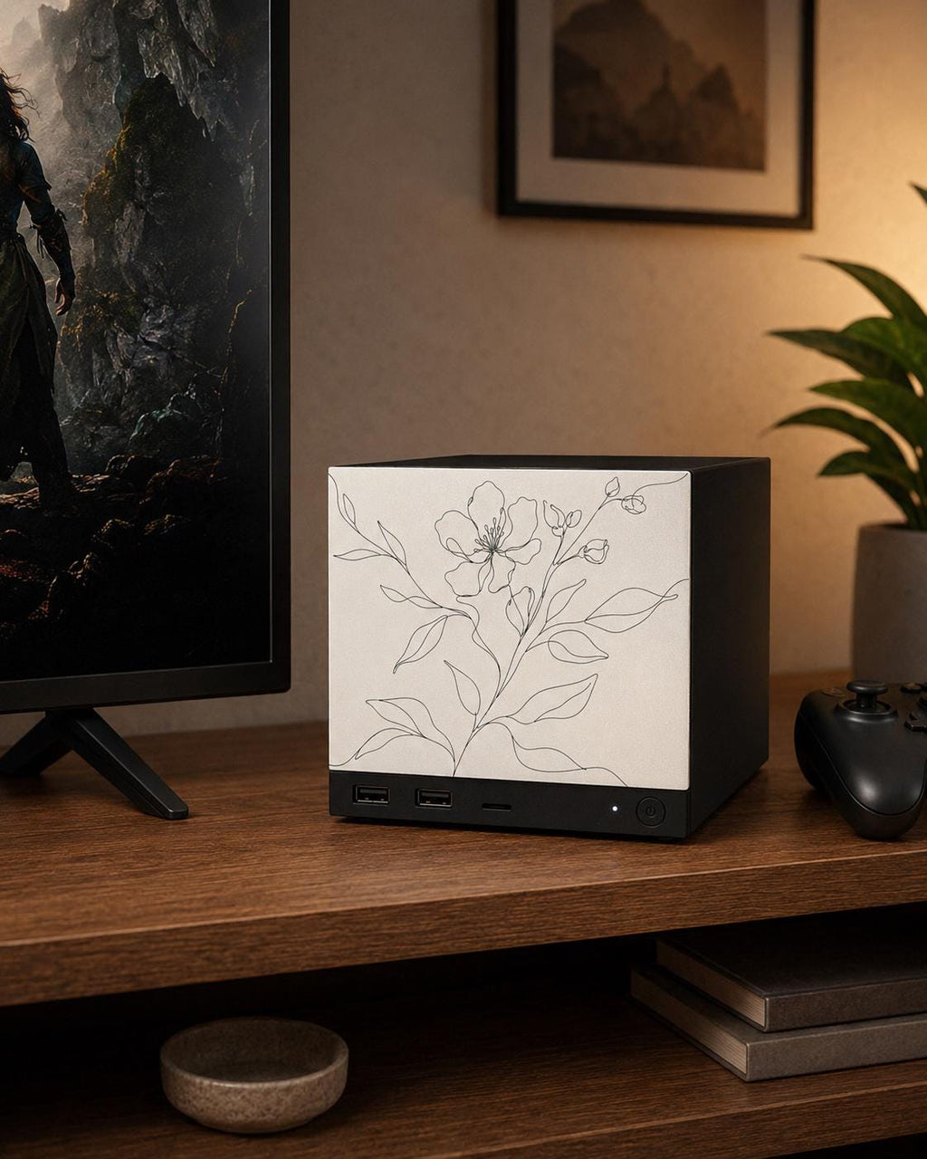 Botanical Line Art Steam Machine Faceplate | Minimalist Plant UV Print Skin with a delicate black line-drawn flower and leaves, shown installed on the console on a wooden media shelf beside a TV and game controller