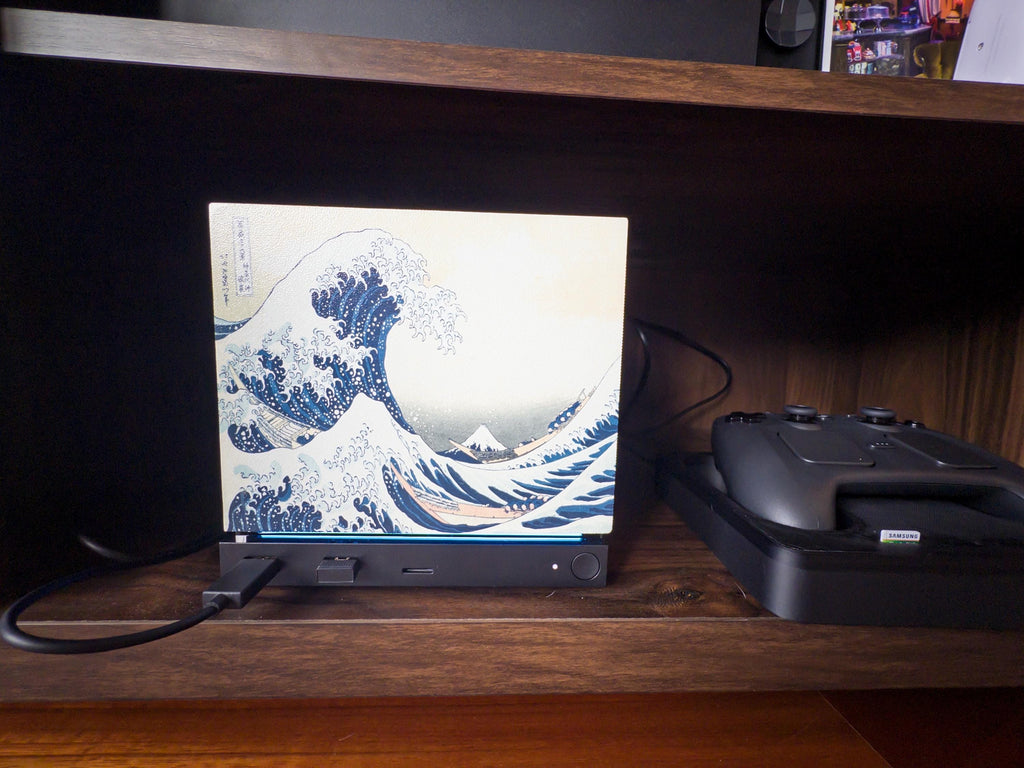 Custom Steam Machine Faceplate, Build your own Personalized Magnetic Cover Plate, Your Photo or Art UV Printed, Gamer Gift Valve Steam, sample faceplate with The Great Wave artwork installed on the Steam Machine on a wooden shelf, with a Steam controller on its charging dock beside it