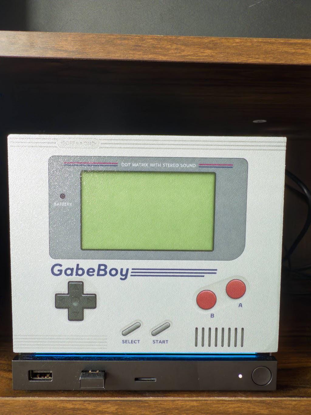 GabeBoy Retro Handheld Style Steam Machine Faceplate, detailed front view showing the green screen, gray screen bezel, D-pad and red buttons