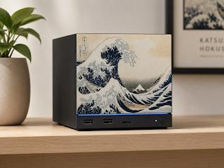 Hokusai Wave Steam Machine Faceplate, UV Printed Japanese Art Console Skin, Steam Machine with the Great Wave faceplate installed on a light wood shelf next to a potted plant