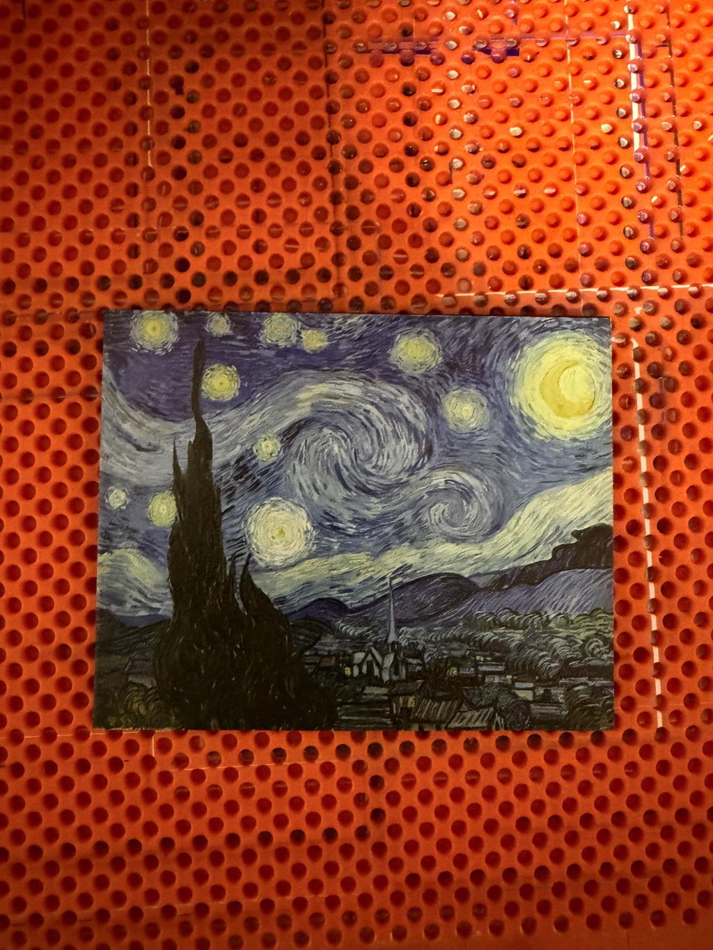 Starry Night Steam Machine Faceplate: Van Gogh Art UV Printed Magnetic Panel, uninstalled Starry Night faceplate panel standing on an orange perforated build plate