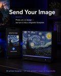 Custom Steam Machine Faceplate, Build your own Personalized Magnetic Cover Plate, Your Photo or Art UV Printed, Gamer Gift Valve Steam, promotional graphic reading Send Your Image, showing a smartphone with an uploaded photo beside the Steam Machine with a Starry Night style faceplate installed on a dark wooden table