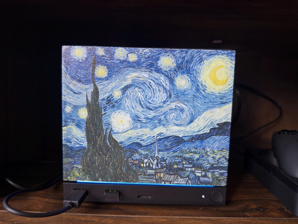 Custom Steam Machine Faceplate, Build your own Personalized Magnetic Cover Plate, Your Photo or Art UV Printed, Gamer Gift Valve Steam, Starry Night style faceplate installed on the Steam Machine on a wooden shelf with its power cable plugged in
