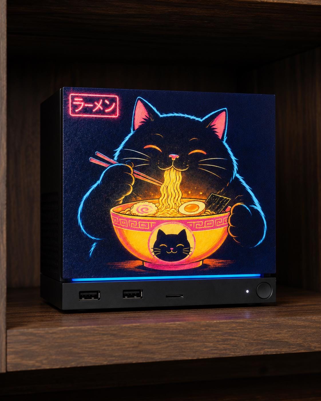 Steam Machine Faceplate Neon Ramen Cat Art | Magnetic UV Printed Panel | Kawaii Japanese Gamer Decor, Neon Ramen Cat faceplate with a black cat eating ramen under a neon ramen sign, shown installed on the console on a dark wooden shelf