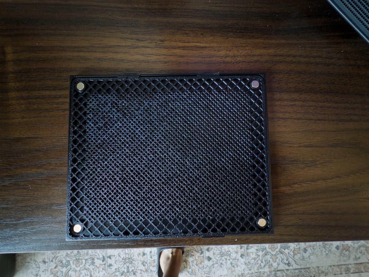 New Mesh!! Starry Night Steam Machine Faceplate Van Gogh Front Panel Fine Art UV Printed Magnetic Classic Painting Gamer Gift, back view showing the black mesh panel with four magnetic corner mounts, flat lay on a dark wooden surface
