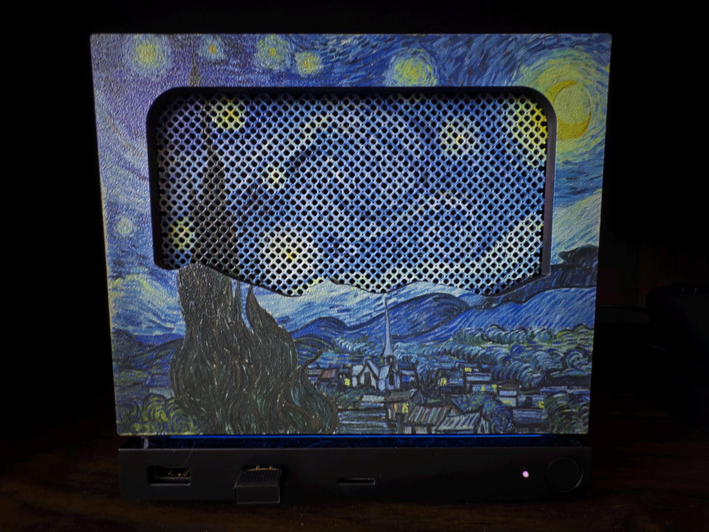 New Mesh!! Starry Night Steam Machine Faceplate Van Gogh Front Panel Fine Art UV Printed Magnetic Classic Painting Gamer Gift with mesh airflow cutout, shown installed on the console against a dark background