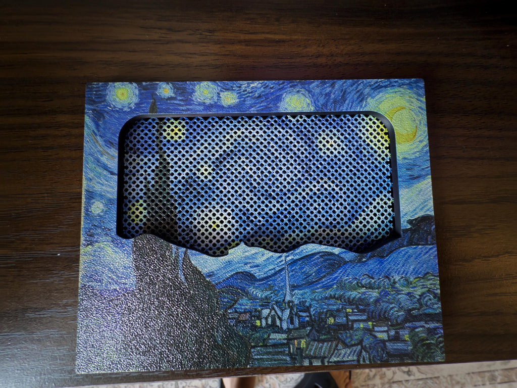 New Mesh!! Starry Night Steam Machine Faceplate Van Gogh Front Panel Fine Art UV Printed Magnetic Classic Painting Gamer Gift, detached from the console and lying flat on a dark wooden surface, top-down view of the Starry Night print with the mesh airflow grille