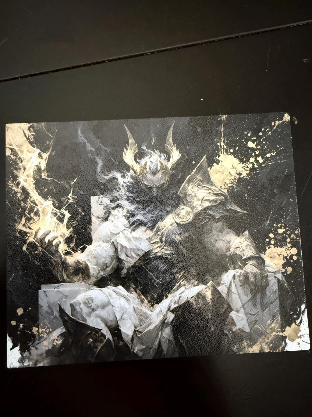 Custom Steam Machine Faceplate, Build your own Personalized Magnetic Cover Plate, Your Photo or Art UV Printed, Gamer Gift Valve Steam, sample printed faceplate panel with a black and white fantasy warrior illustration with gold splatter accents, photographed on a dark surface