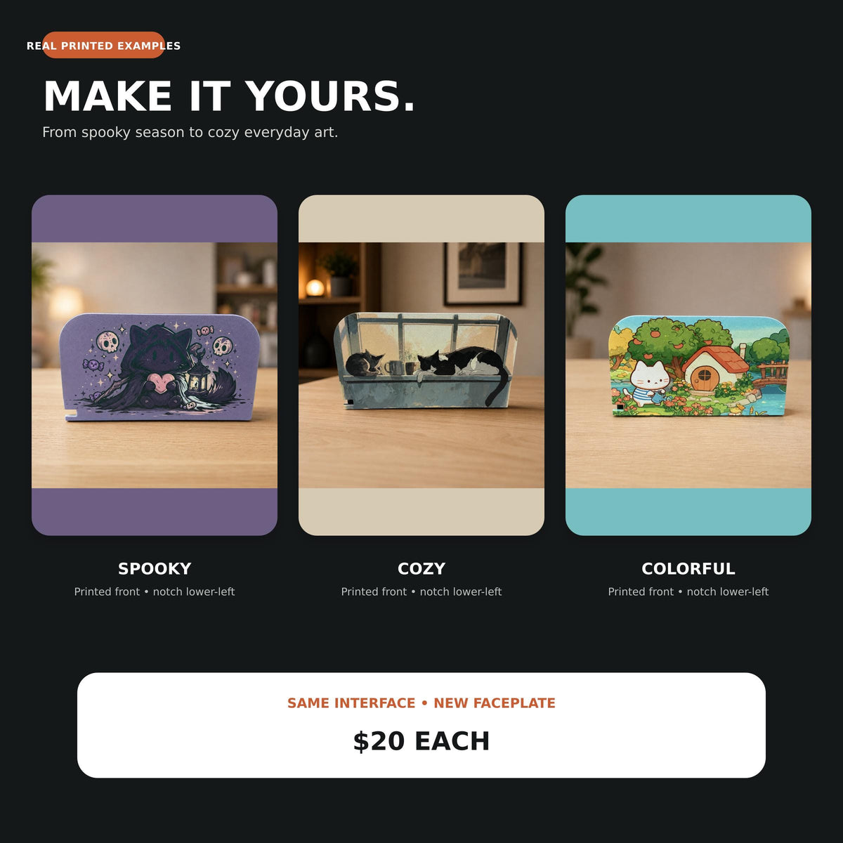 Custom 3D Printed Switch 2 Dock Faceplate, Magnetic Snap-On Cover (Personalized Photo), promotional graphic reading Make It Yours showing three real printed faceplates on tabletops in spooky, cozy and colorful example styles, with text noting that new faceplates use the same interface