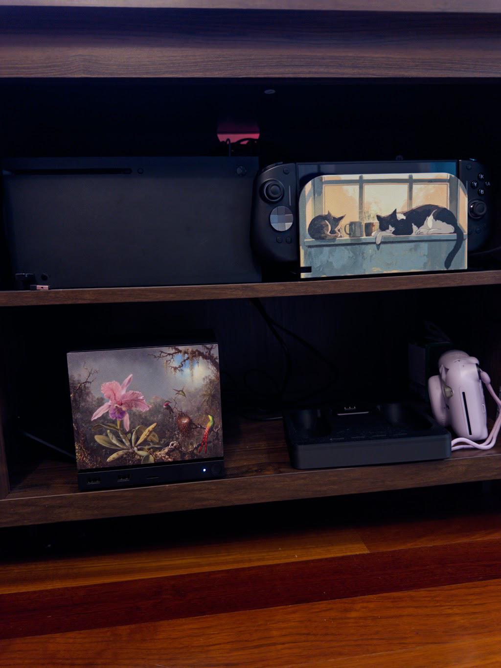Steam Machine Faceplate, Hummingbird Orchid Botanical Art Decor, Vintage Gamer Accessory on the console, three-quarter angle view on the lower shelf of a wooden media cabinet with a Nintendo Switch, charging dock and white instant camera also visible