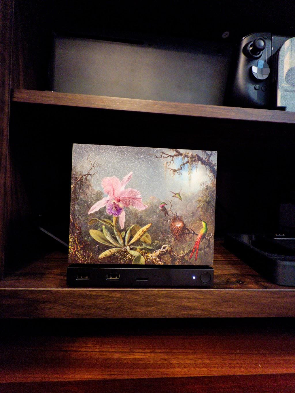 Steam Machine Faceplate, Hummingbird Orchid Botanical Art Decor, Vintage Gamer Accessory with pink orchid and hummingbird artwork, shown installed on the console on a dark wooden shelf with a black controller on the shelf above