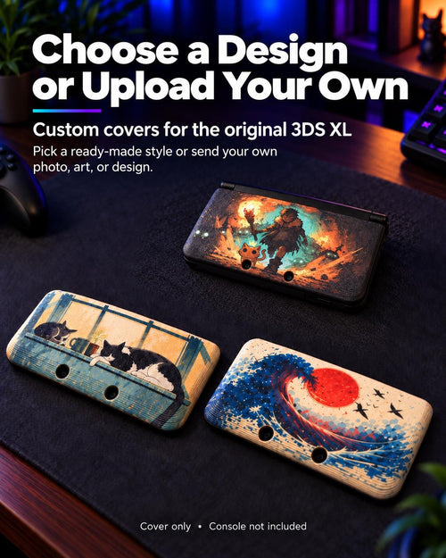 3DS XL Custom Lid, Full Color UV Printed Snap On Cover, Top Shell Faceplate for Original 3DS XL, Your Own Image, Interchangeable Lid, promotional graphic reading Choose a Design or Upload Your Own, showing three custom lid designs on 3DS XL consoles: a fantasy creature scene, window cats, and a wave with a red sun