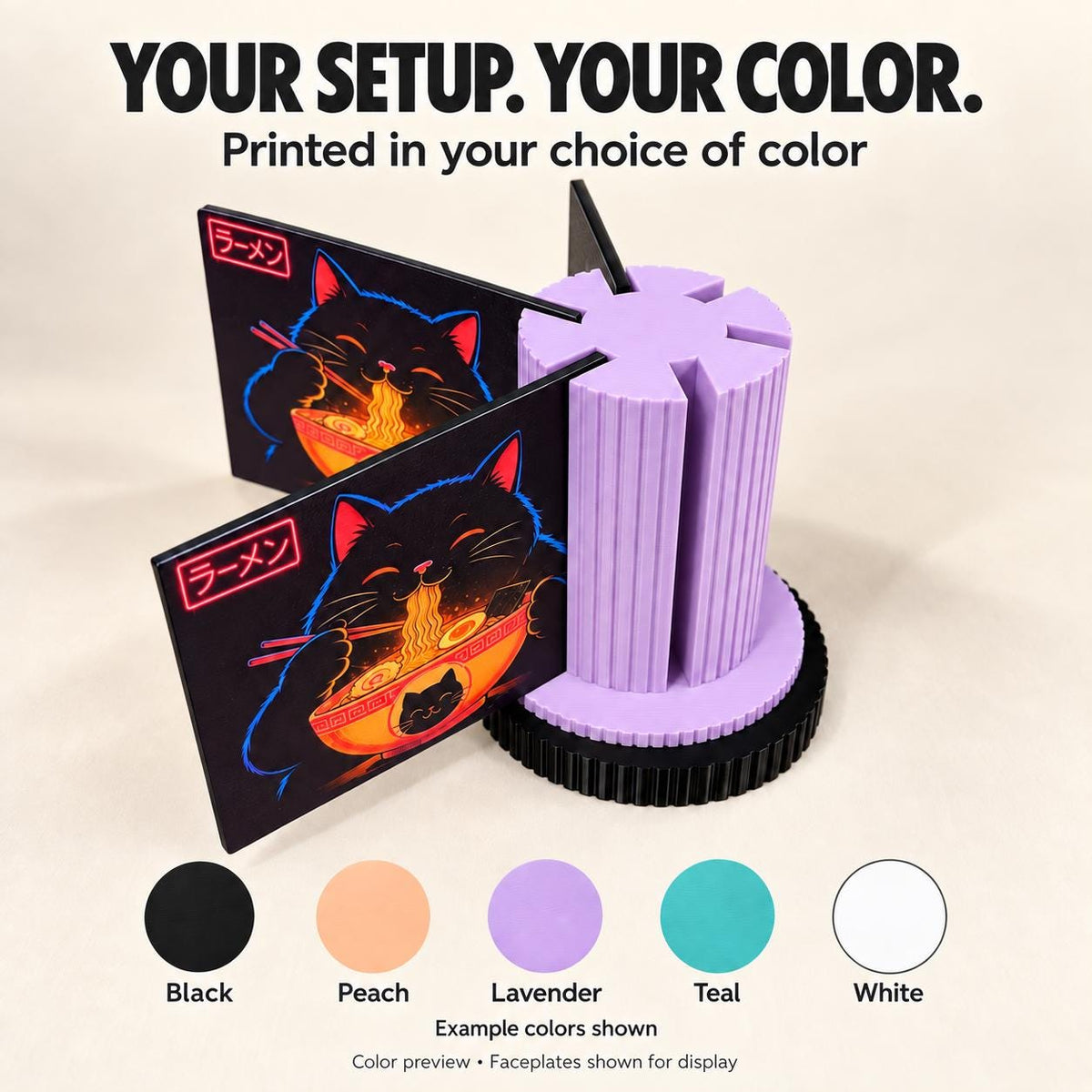 Steam Machine Faceplate Organizer, Spinning 3D Printed Display Stand, Rotating Plate Holder, Gamer Desk Setup, Gift for Gamer, Holds 6, promotional graphic reading Your Setup Your Color showing a lavender organizer with a black base holding black cat ramen faceplates, with Black Peach Lavender Teal and White color swatches below