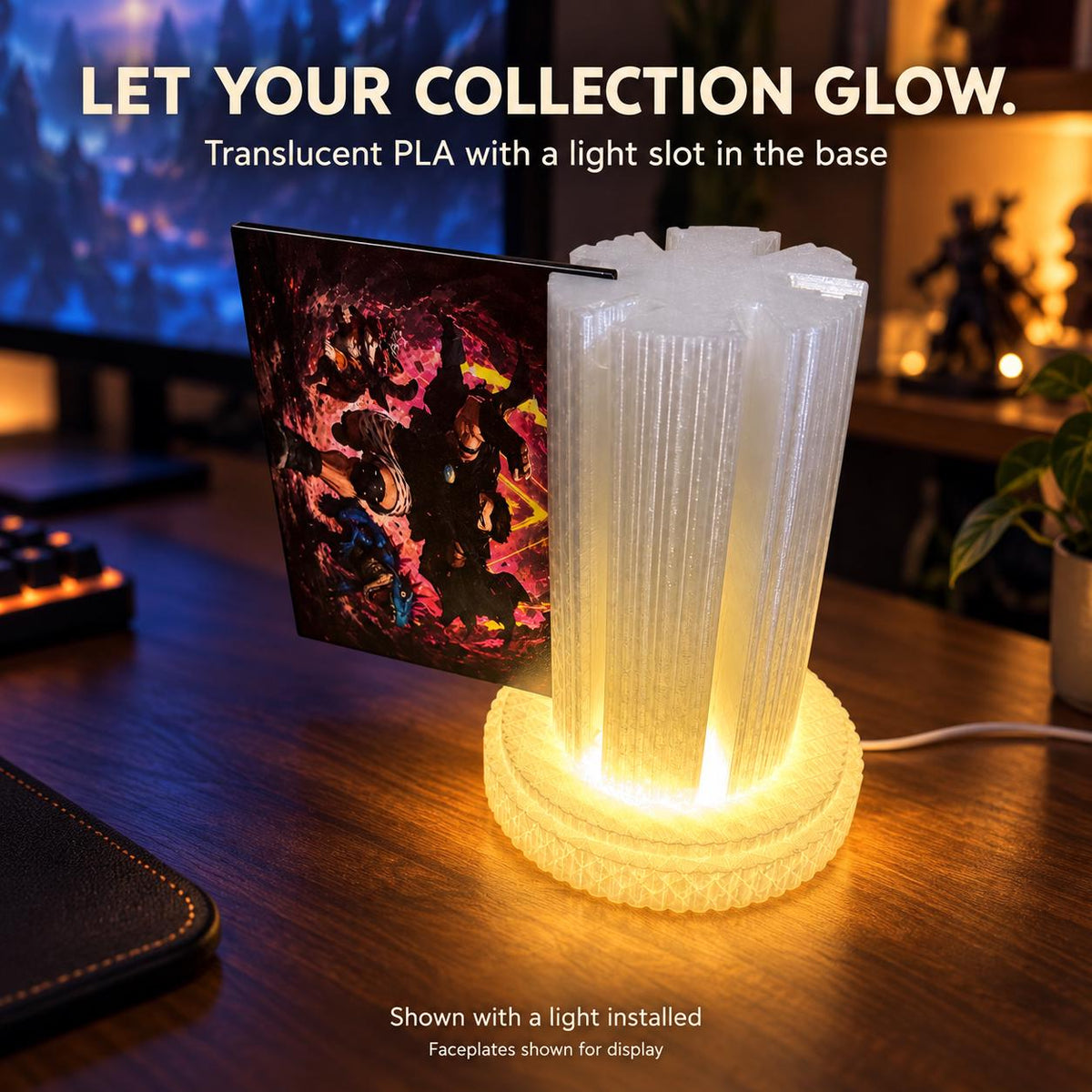Steam Machine Faceplate Organizer, Spinning 3D Printed Display Stand, Rotating Plate Holder, Gamer Desk Setup, Gift for Gamer, Holds 6, promotional graphic reading Let Your Collection Glow showing the translucent light-up organizer glowing warmly on a wooden desk with a game artwork faceplate slotted in