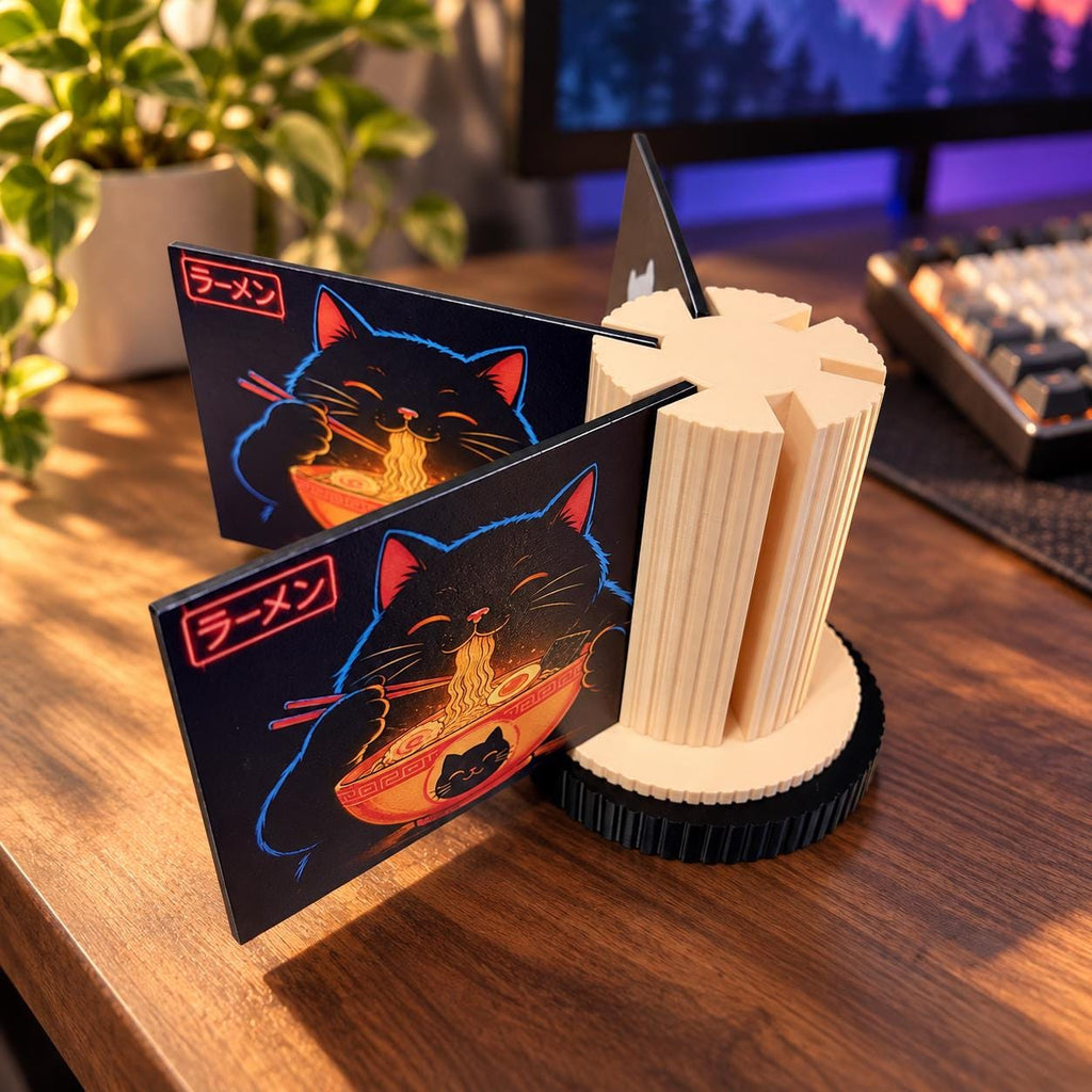 Steam Machine Faceplate Organizer, Spinning 3D Printed Display Stand, Rotating Plate Holder, Gamer Desk Setup, Gift for Gamer, Holds 6, peach organizer with a black base holding black cat ramen faceplates on a wooden desk, with a plant monitor and keyboard blurred in the background