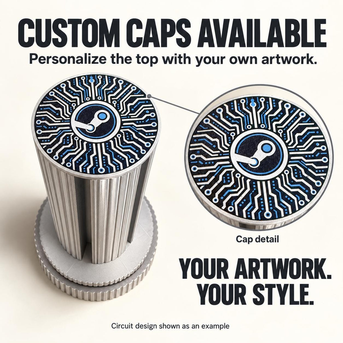 Steam Machine Faceplate Organizer, Spinning 3D Printed Display Stand, Rotating Plate Holder, Gamer Desk Setup, Gift for Gamer, Holds 6, promotional graphic reading Custom Caps Available showing the circuit-board Steam logo top cap and cap detail with the text Your Artwork Your Style