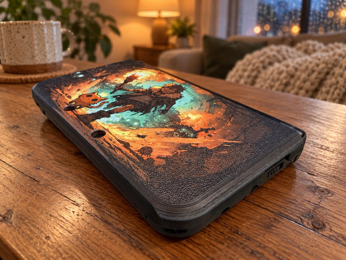 3DS XL Custom Lid, Full Color UV Printed Snap On Cover, Top Shell Faceplate for Original 3DS XL, Your Own Image, Interchangeable Lid, 3DS XL console with the Torchlight fantasy artwork lid installed, resting on a wooden table in a cozy living room with a mug and a lamp in the background