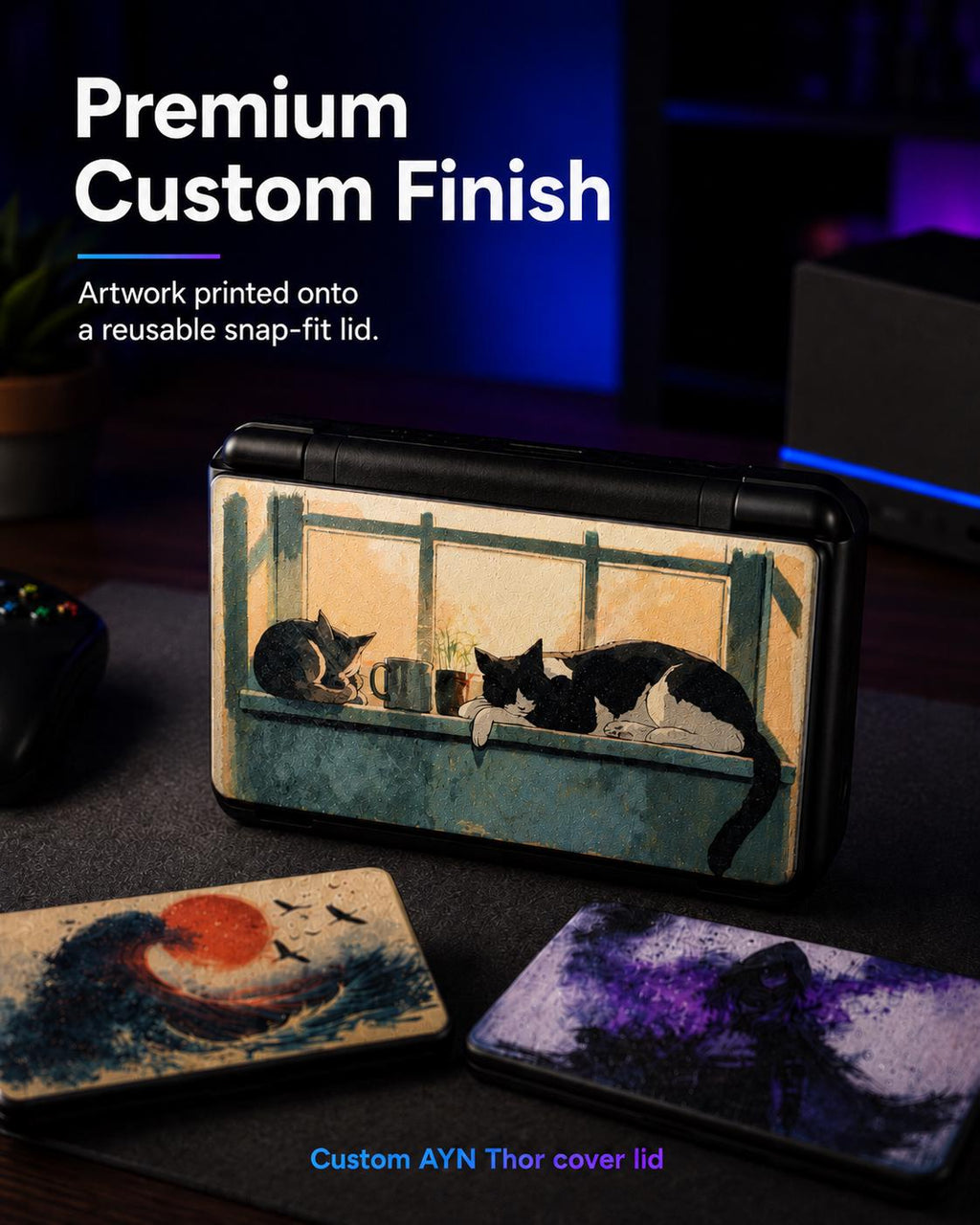 AYN Thor Custom Lid, HD Full Color UV Printed Snap On Cover, Personalized Handheld Faceplate, Your Own Image, Interchangeable Shell, Premium Custom Finish promo graphic with the AYN Thor handheld wearing the window cats lid, plus two uninstalled printed lids on a dark desk