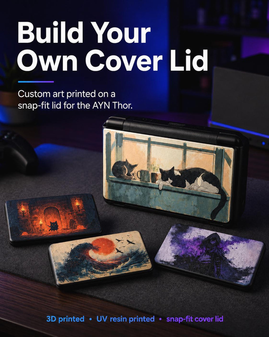 AYN Thor Custom Lid, HD Full Color UV Printed Snap On Cover, Personalized Handheld Faceplate, Your Own Image, Interchangeable Shell, Build Your Own Cover Lid promo graphic showing the AYN Thor handheld with a window cats lid installed alongside three uninstalled printed lids
