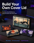AYN Thor Custom Lid, HD Full Color UV Printed Snap On Cover, Personalized Handheld Faceplate, Your Own Image, Interchangeable Shell, Build Your Own Cover Lid promo graphic showing the AYN Thor handheld with a window cats lid installed alongside three uninstalled printed lids