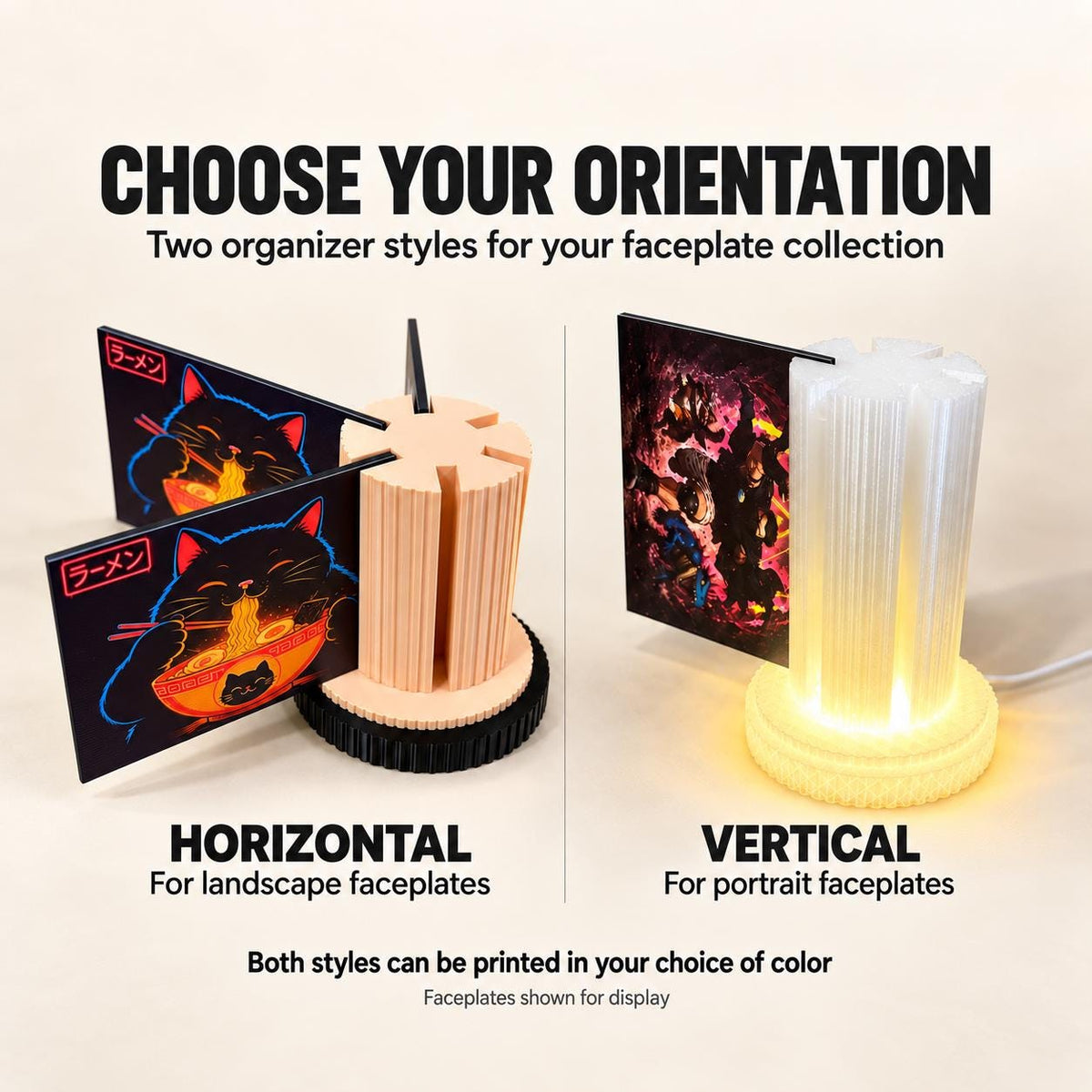 Steam Machine Faceplate Organizer, Spinning 3D Printed Display Stand, Rotating Plate Holder, Gamer Desk Setup, Gift for Gamer, Holds 6, promotional graphic reading Choose Your Orientation comparing the horizontal organizer for landscape faceplates showing cat ramen artwork with the vertical light-up organizer for portrait faceplates