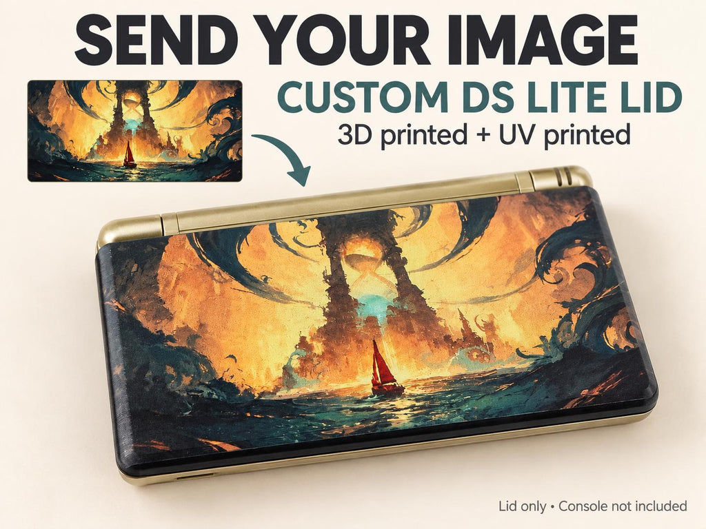 DS Lite Custom Lid, Full Color UV Printed Snap On Cover, Top Shell Faceplate for Original DS Lite, Your Own Image, Interchangeable Lid, promotional graphic reading Send Your Image, Custom DS Lite Lid, showing a DS Lite with a fantasy sea and glowing tower artwork lid installed