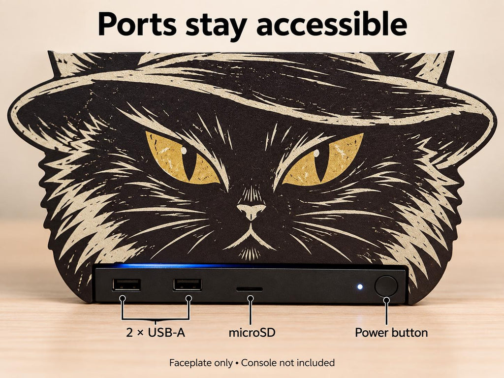 Steam Machine Faceplate Black Cat Witch Hat, Halloween Witchy Cat Magnetic Plate, UV Printed Console Cover, Spooky Gamer Gift, promotional graphic reading Ports stay accessible, showing the black cat witch hat faceplate installed on the Steam Machine with callouts labeling the USB-A ports, microSD slot and power button, noting faceplate only, console not included