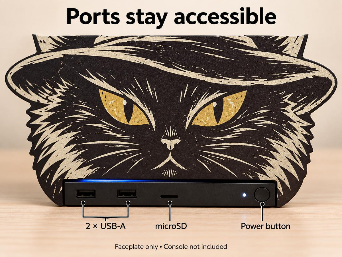 Steam Machine Faceplate Black Cat Witch Hat, Halloween Witchy Cat Magnetic Plate, UV Printed Console Cover, Spooky Gamer Gift, promotional graphic reading Ports stay accessible, showing the black cat witch hat faceplate installed on the Steam Machine with callouts labeling the USB-A ports, microSD slot and power button, noting faceplate only, console not included