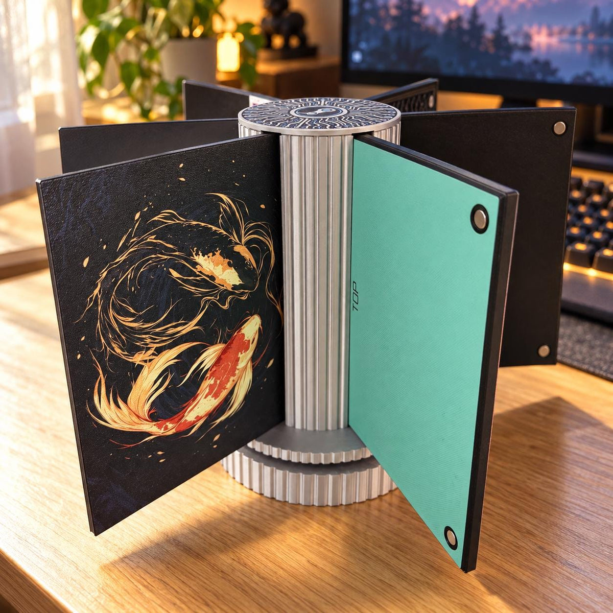 Steam Machine Faceplate Organizer, Spinning 3D Printed Display Stand, Rotating Plate Holder, Gamer Desk Setup, Gift for Gamer, Holds 6, silk silver organizer with its arms open holding a black koi artwork faceplate and a teal faceplate shown from the blank back side, on a wooden desk with a plant monitor and keyboard blurred behind