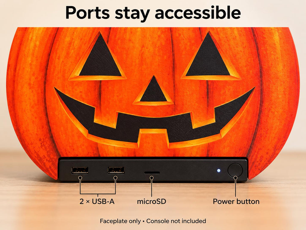 Steam Machine Faceplate Halloween Pumpkin, Classic or Cute Jack o Lantern Magnetic Plate, UV Printed Console Cover, Spooky Gamer Gif, promotional graphic reading Ports stay accessible, showing the classic carved jack-o-lantern pumpkin faceplate installed on the Steam Machine with callouts labeling the USB-A ports, microSD slot and power button, noting faceplate only, console not included