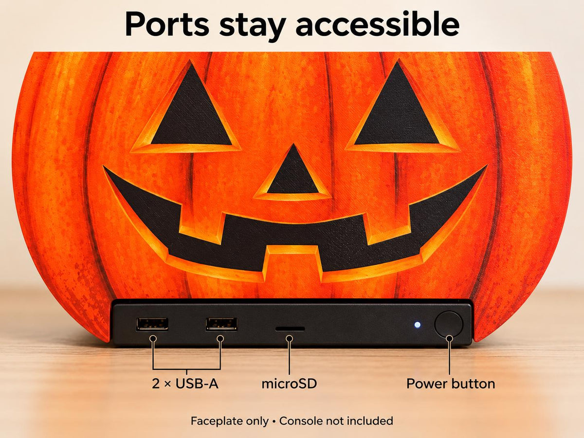 Steam Machine Faceplate Halloween Pumpkin, Classic or Cute Jack o Lantern Magnetic Plate, UV Printed Console Cover, Spooky Gamer Gif, promotional graphic reading Ports stay accessible, showing the classic carved jack-o-lantern pumpkin faceplate installed on the Steam Machine with callouts labeling the USB-A ports, microSD slot and power button, noting faceplate only, console not included
