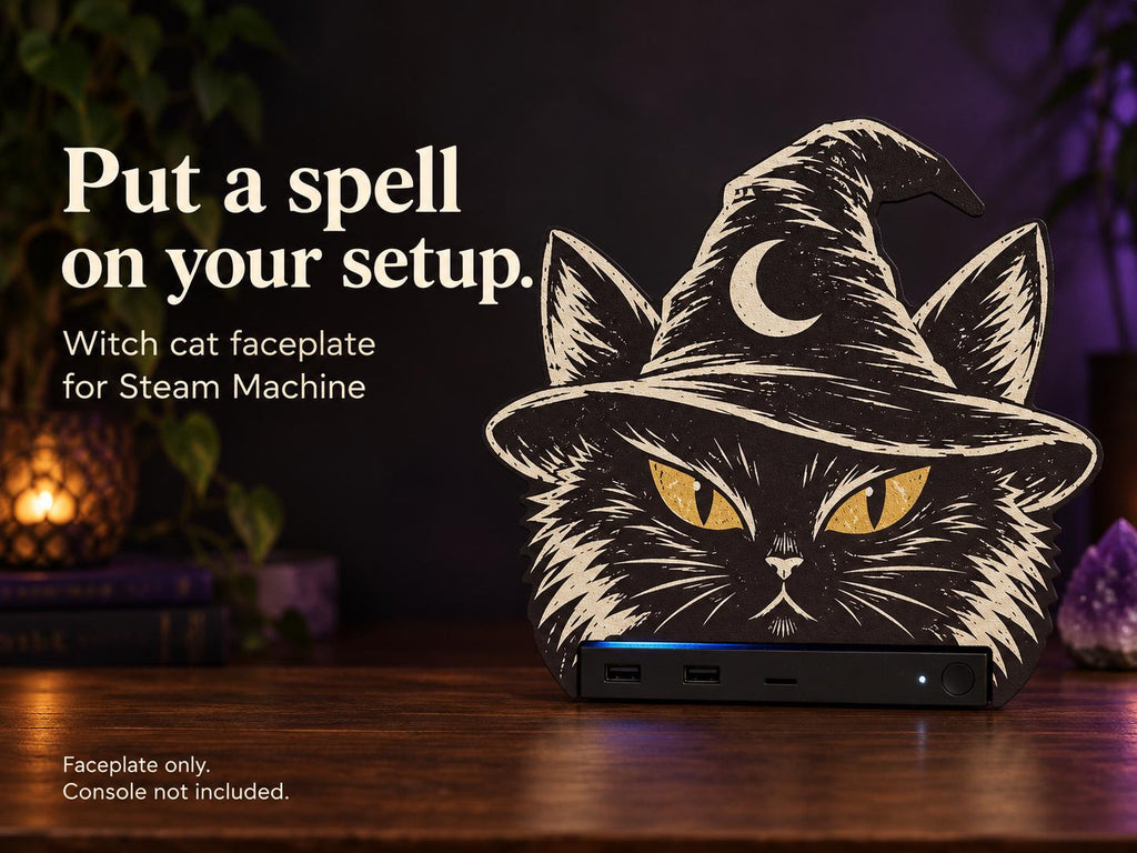 Steam Machine Faceplate Black Cat Witch Hat, Halloween Witchy Cat Magnetic Plate, UV Printed Console Cover, Spooky Gamer Gift, promotional graphic reading Put a spell on your setup, showing the black cat witch hat faceplate installed on the Steam Machine on a wooden desk with a lit candle and crystals