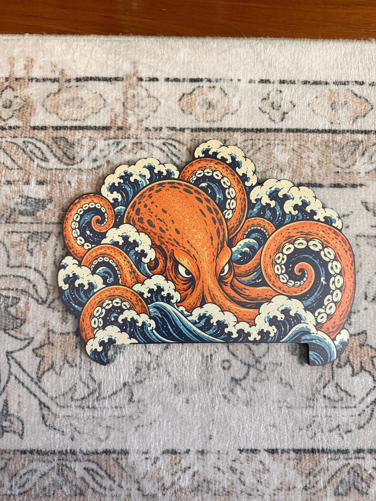 Steam Machine Faceplate, Custom Faceplate, Kraken Kaiju Plate XL Oversized, Magnetic Console Cover, Octopus Gamer Gift, Japan Wave Decor, flat lay of the uninstalled Kraken kaiju XL faceplate panel with an orange octopus amid blue and white Japanese waves, on a patterned rug