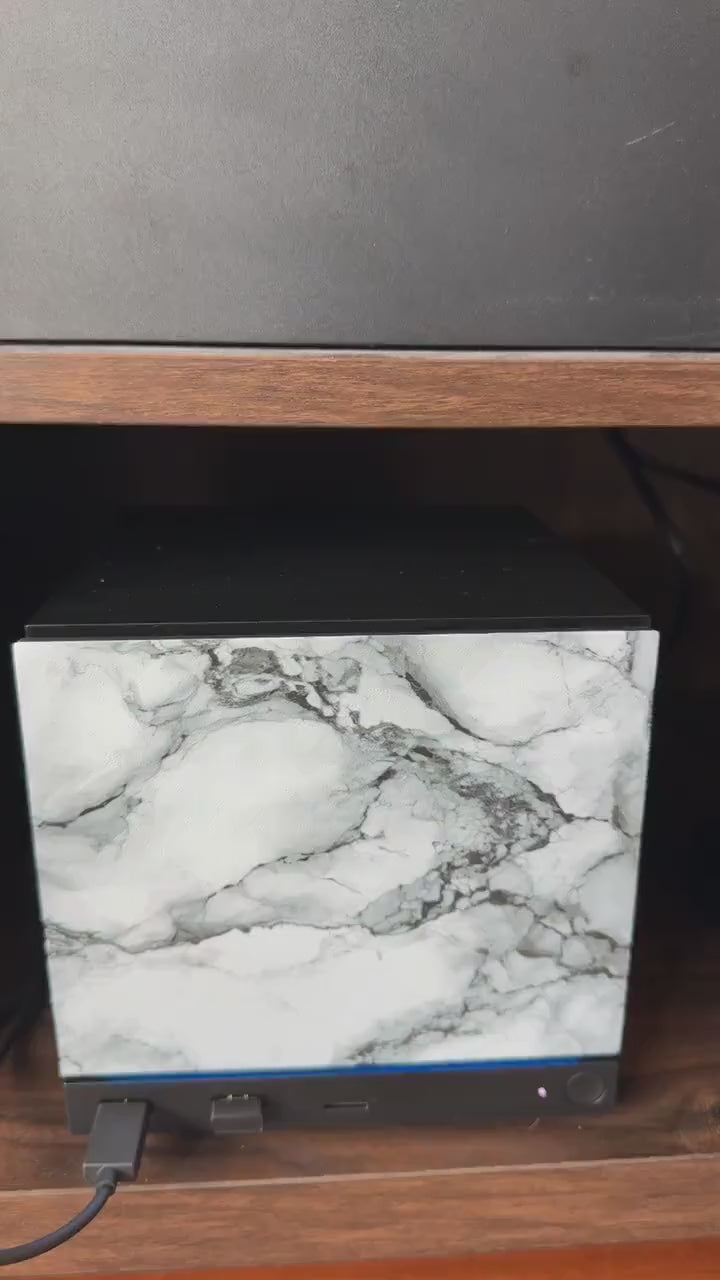 White Marble Steam Machine Faceplate | Magnetic UV Printed Panel, Minimal Desk Decor, video showing a hand holding the white marble faceplate in front of the Steam Machine console with its blue LED light visible