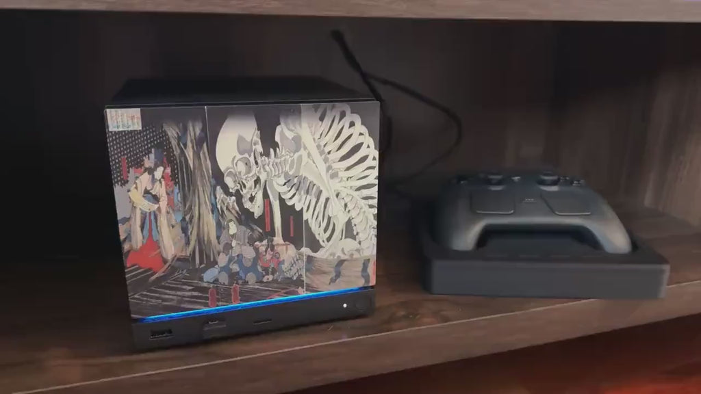 Steam Machine Faceplate, Kuniyoshi Ukiyo-e Skeleton Art, UV Printed Panel, video showing hands holding the skeleton artwork panel and snapping it onto the console, demonstrating the magnetic fit