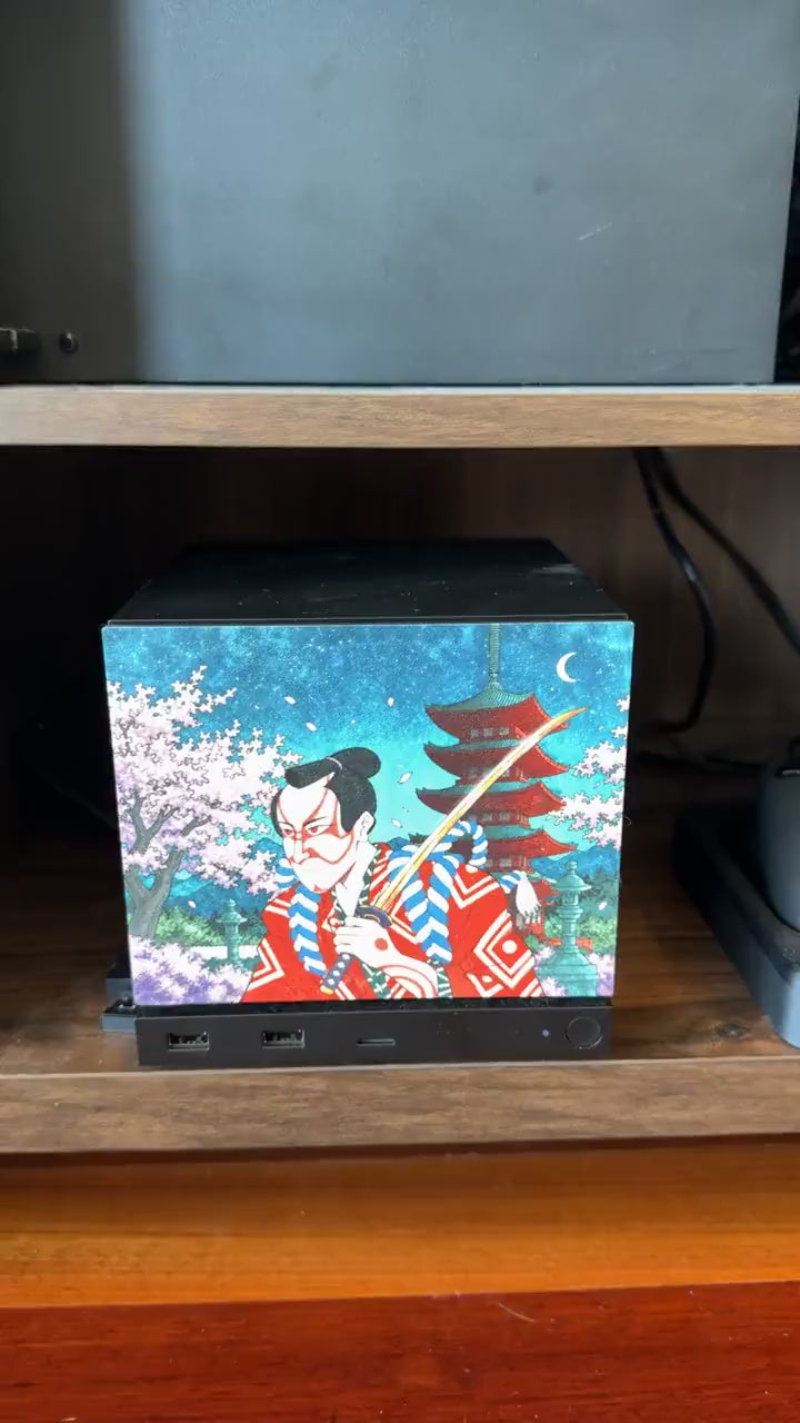 Kabuki Samurai Art Steam Machine Faceplate | Ukiyo-e Style Sword Panel | Magnetic UV Printed Cover | Japanese Gamer Gift with the kabuki actor artwork, video showing a close-up pan across the printed faceplate highlighting the texture detail