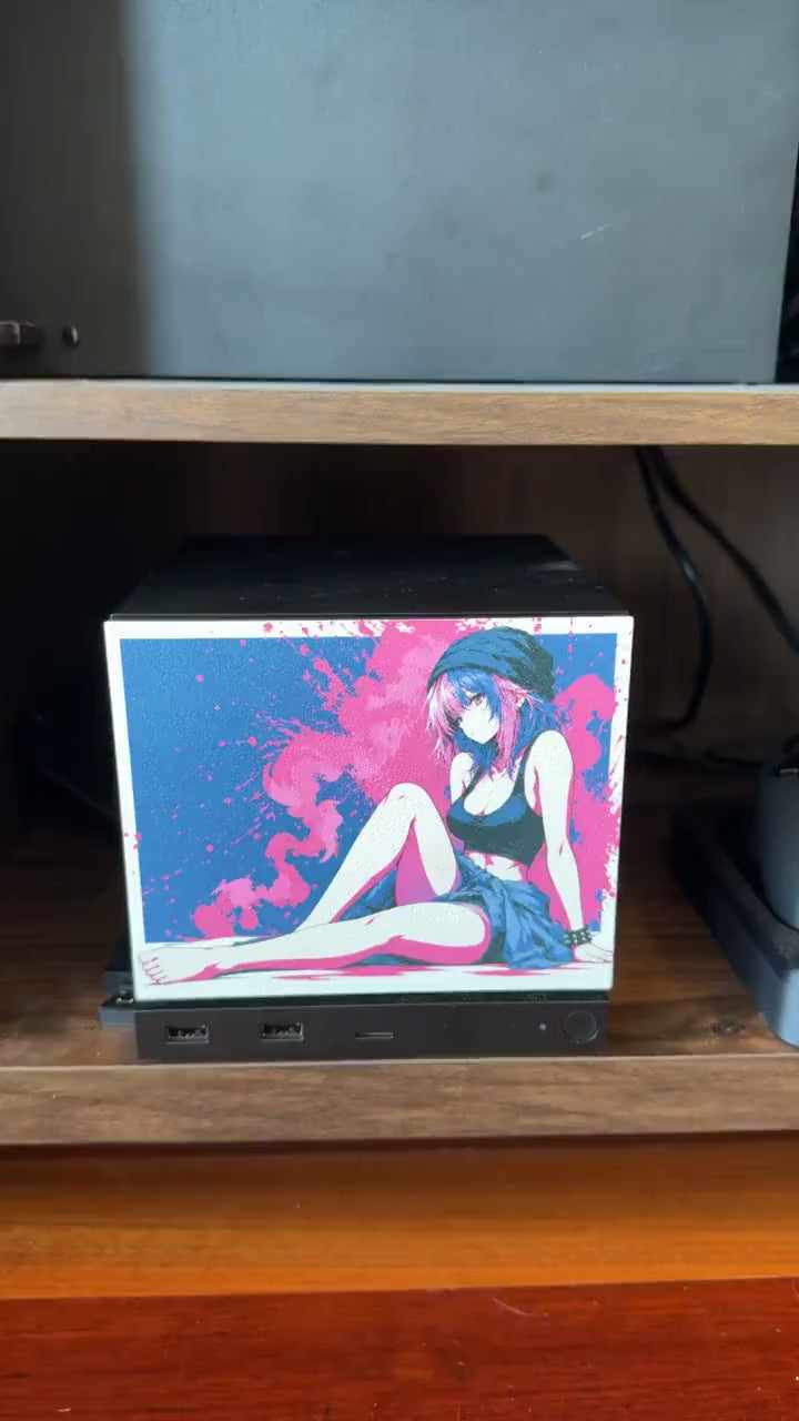 Anime Pinup Art Steam Machine Faceplate | Pink Blue Splatter Print | Magnetic UV Printed Panel | Stylish Gamer Gift with the pink and blue splatter anime girl art, video showing a close-up pan across the printed faceplate highlighting the texture detail