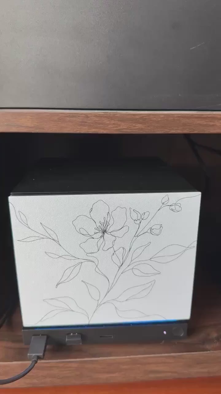 Botanical Line Art Steam Machine Faceplate | Minimalist Plant UV Print Skin, video showing a close-up pan across the line-drawn flower and leaves highlighting the printed texture detail
