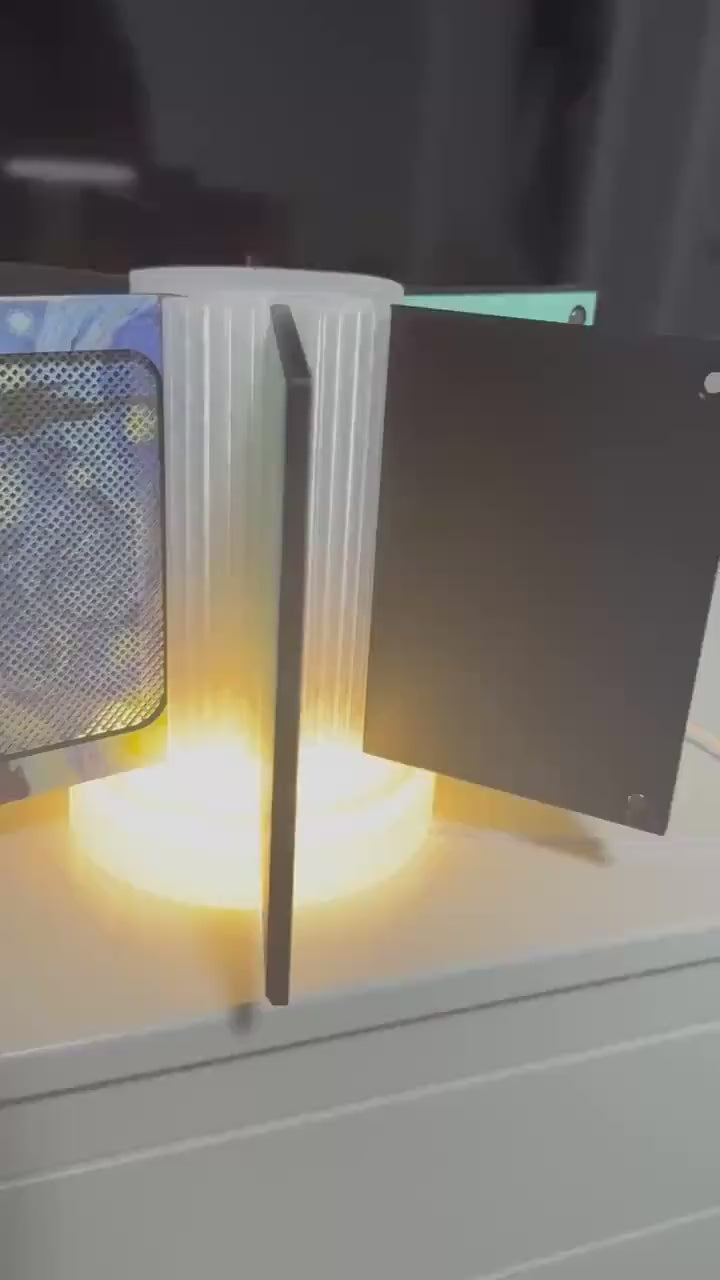 Steam Machine Faceplate Organizer, Spinning 3D Printed Display Stand, Rotating Plate Holder, Gamer Desk Setup, Gift for Gamer, Holds 6, 15 second video of the translucent light-up organizer glowing warmly on a white desk with its six arms fanned out holding faceplates including an anime pinup artwork plate