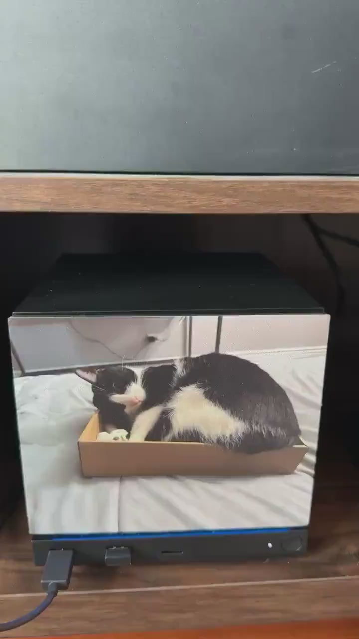 Custom Steam Machine Faceplate, Build your own Personalized Magnetic Cover Plate, Your Photo or Art UV Printed, Gamer Gift Valve Steam, video showing the Steam Machine with a sample faceplate printed with a photo of a black and white cat curled up in a cardboard box, on a wooden shelf