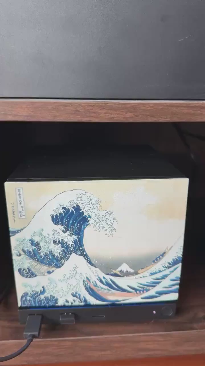 Hokusai Wave Steam Machine Faceplate, UV Printed Japanese Art Console Skin, video clip panning across the Steam Machine with the Great Wave faceplate installed on a wooden shelf