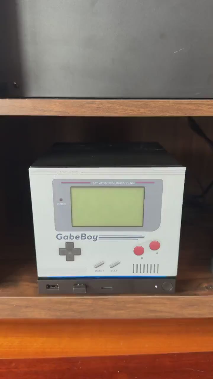 GabeBoy Retro Handheld Style Steam Machine Faceplate, video showing the faceplate installed on the console on a wooden shelf