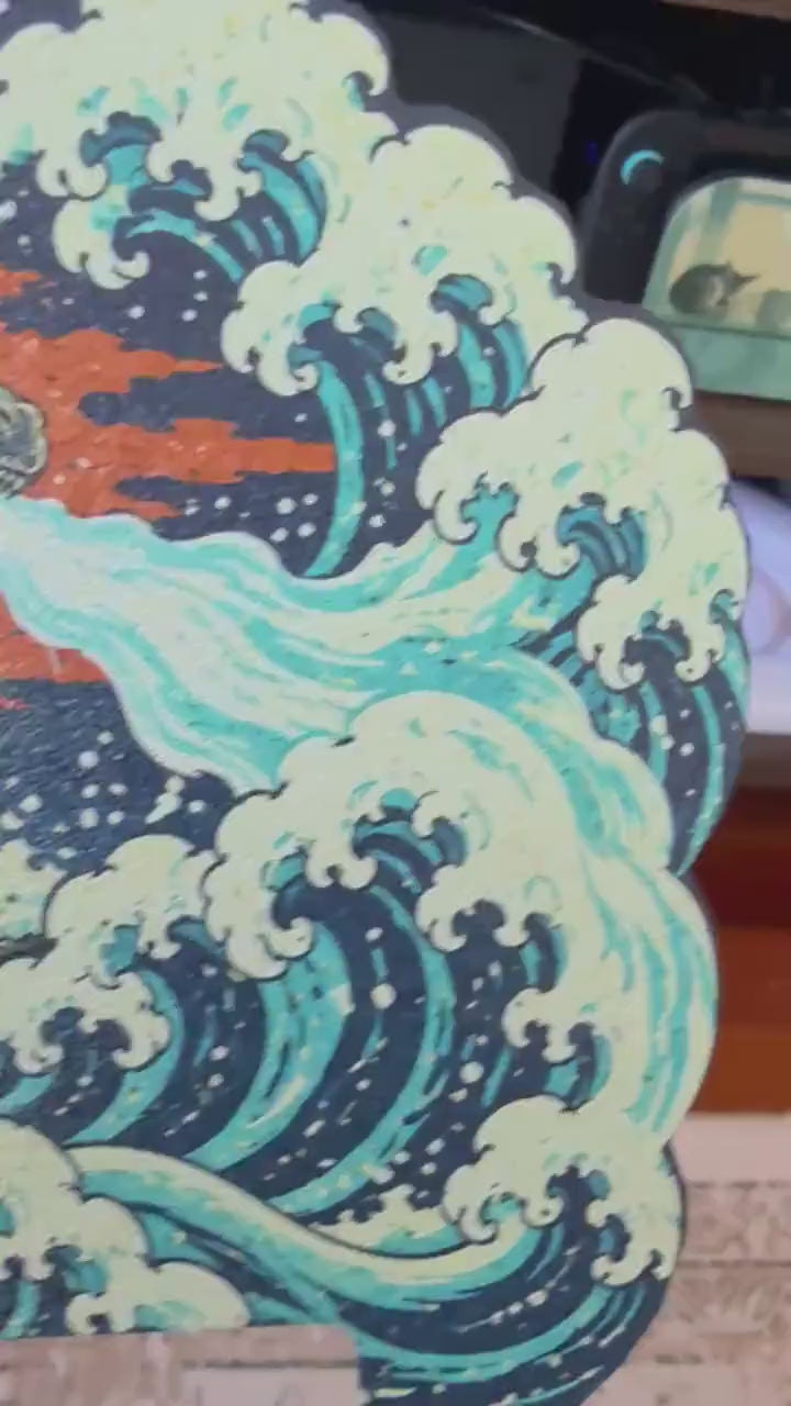 Steam Machine Faceplate, Custom Faceplate, Godzilla Kaiju Plate XL Oversized, Magnetic Console Cover, Monster Gamer Gift, Japan Wave Decor, video clip of the Godzilla kaiju XL faceplate installed on the console on a wooden shelf, showing a close-up of the kaiju rising out of the waves under the full moon