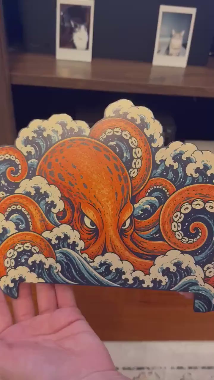 Steam Machine Faceplate, Custom Faceplate, Kraken Kaiju Plate XL Oversized, Magnetic Console Cover, Octopus Gamer Gift, Japan Wave Decor, video clip of the Kraken kaiju XL faceplate installed on the console, showing a close-up of the orange octopus rising out of the waves