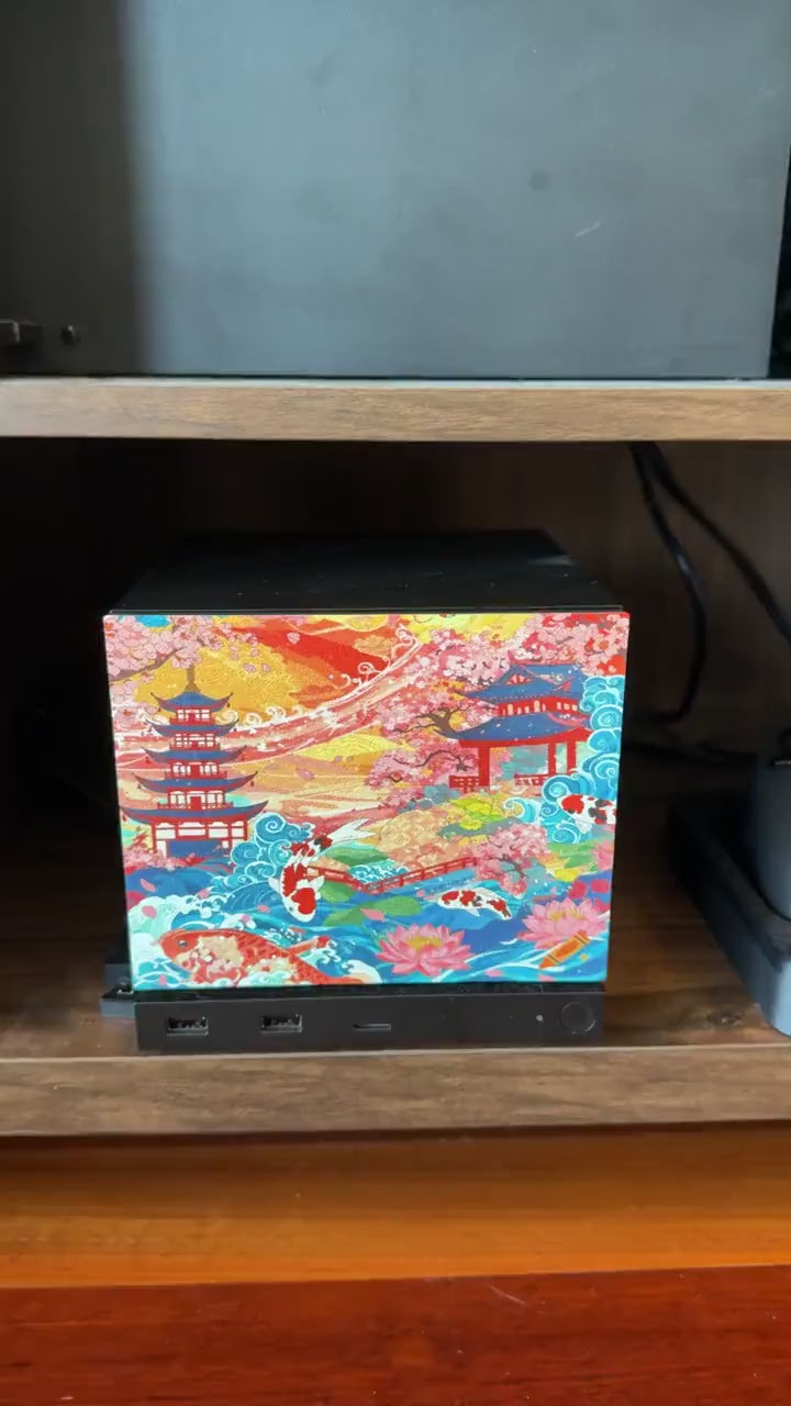Koi Pagoda Garden Art | Steam Machine Faceplate | Cherry Blossom Sunset Panel | Magnetic UV Printed Cover | Japanese Gamer Gift, video showing a close-up pan across the pagoda, cherry blossom and koi artwork highlighting the printed texture detail