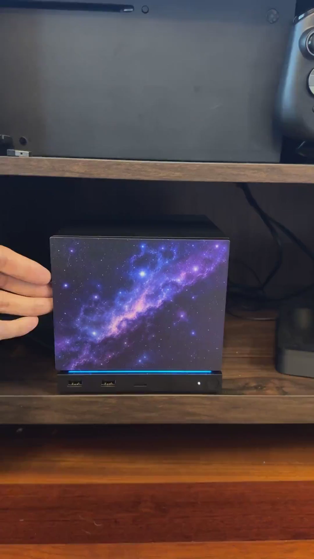 Galaxy Steam Machine Faceplate, UV Printed Nebula Cover, Custom Valve Console Accessory, video showing hands holding the galaxy nebula panel and snapping it onto the console, demonstrating the magnetic fit