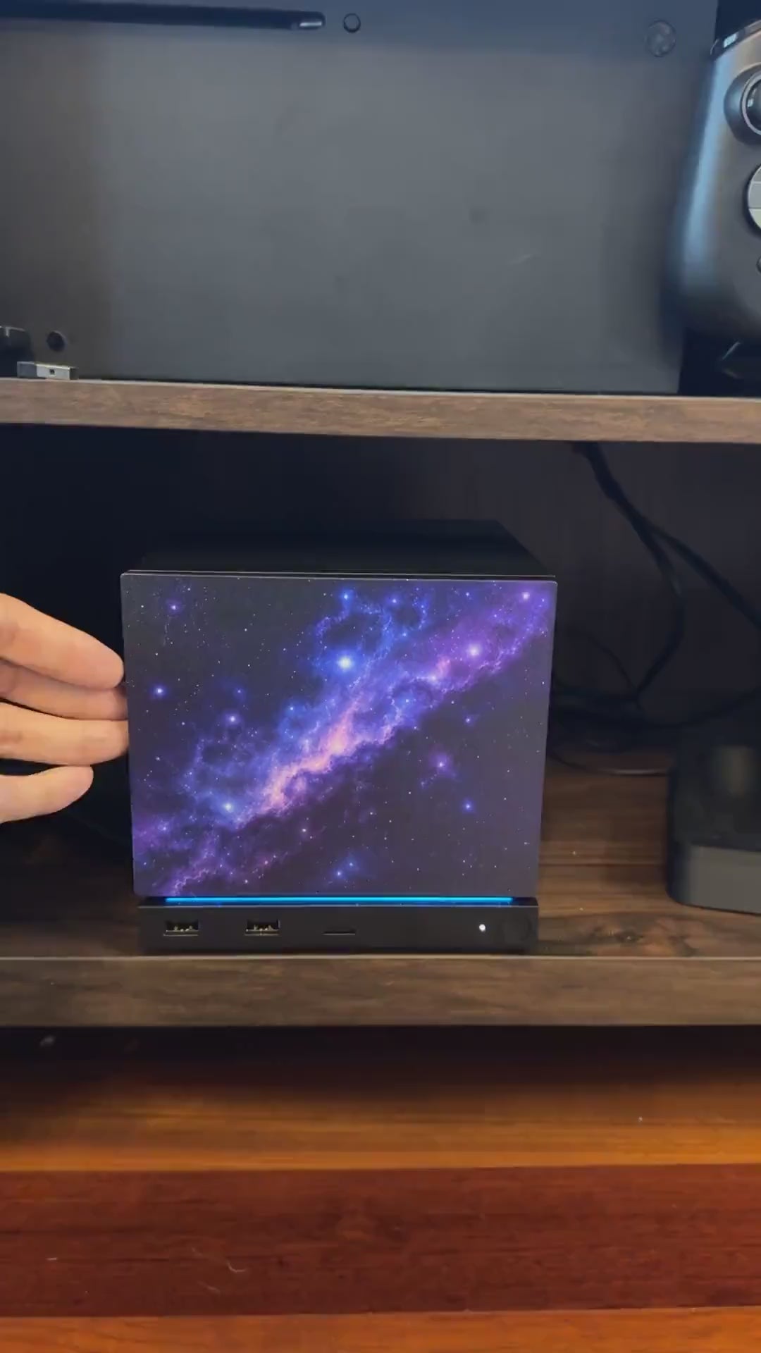 Galaxy Steam Machine Faceplate, UV Printed Nebula Cover, Custom Valve Console Accessory, video showing hands holding the galaxy nebula panel and snapping it onto the console, demonstrating the magnetic fit